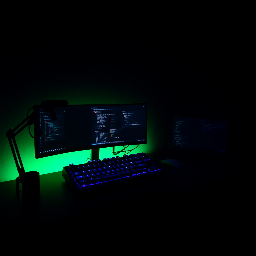 minimalist workspace desk with mechanical keyboard, dark mood lighting, green accent light, professional coding setup